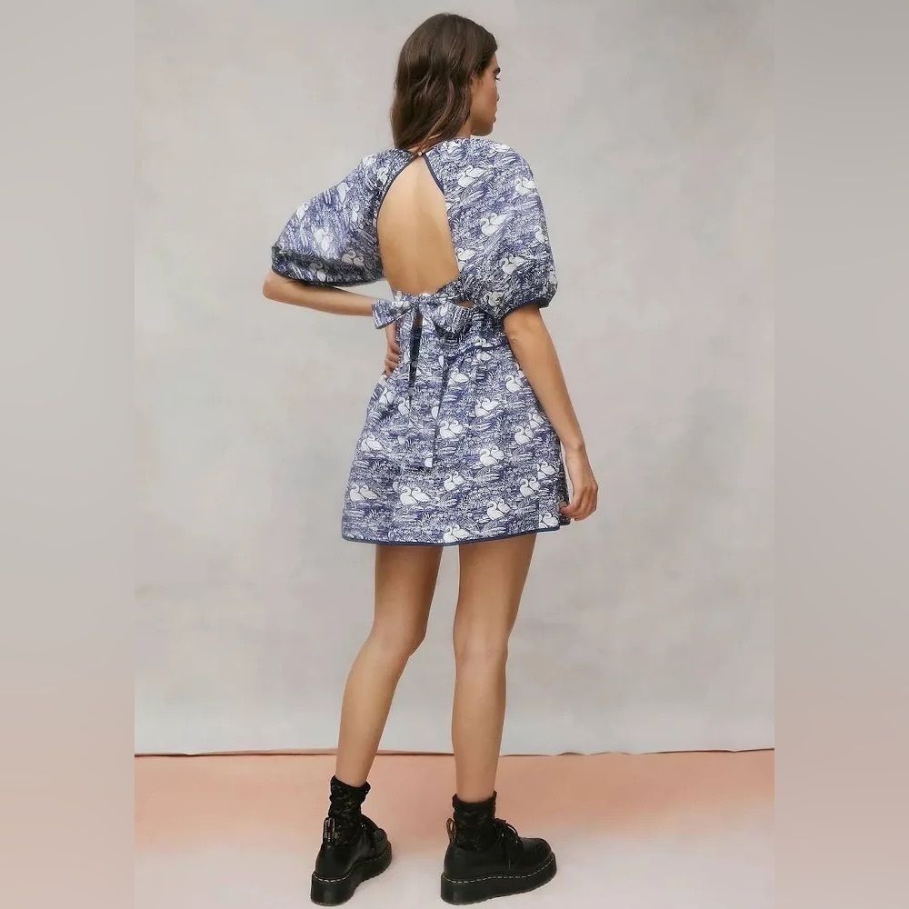 Urban Outfitters x Laura Ashley Bella Tiered Baby Doll Dress Swan Print Blue